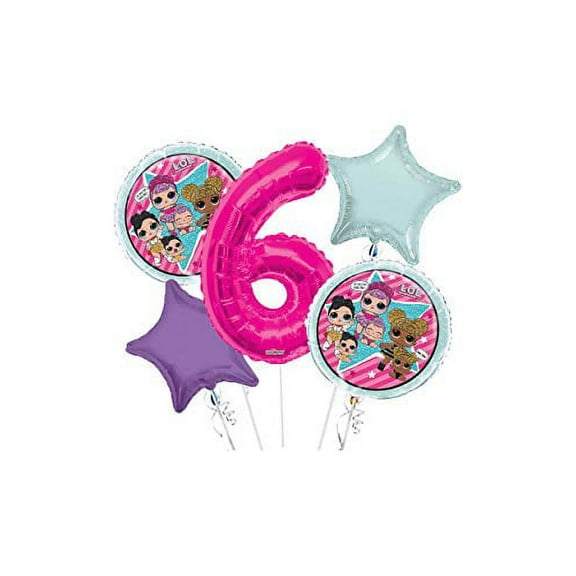 LOL Round Balloon Bouquet 5 pc, 6th Birthday, Hot Pink Number 6 Jumbo Balloon | Viva Party Balloon Collection