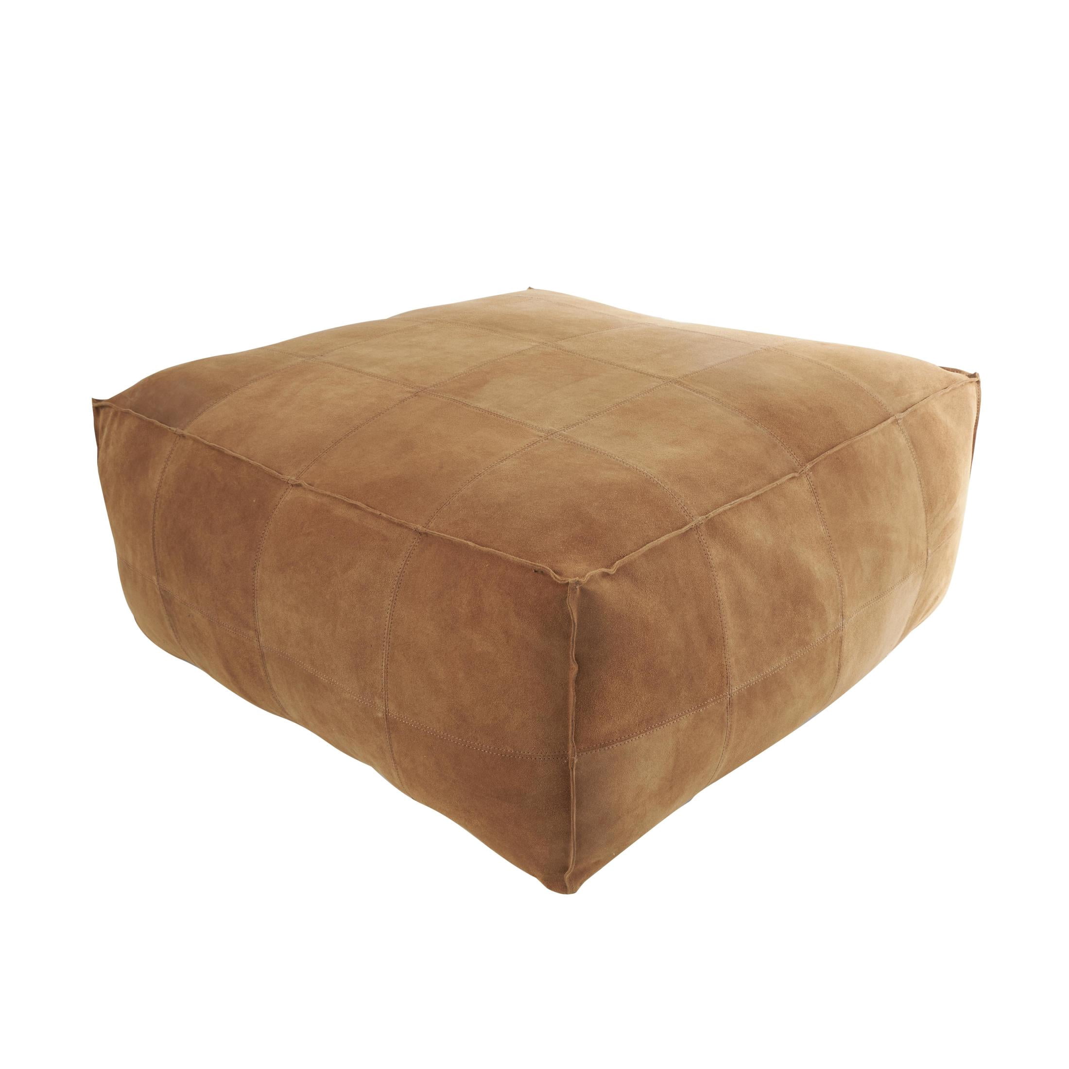 DecMode Patchwork Low Profile Square Brown Leather Pouf with Patchwork Design