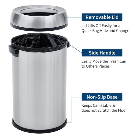 17 Gallon Stainless Steel Trash Can 65 Liter Commercial Round Waste Bin with Swing Lid for Office Restaurant, Silver