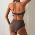 thumbnail image 3 of PWPSG Strapless Bandeau Bikini with Metal Ring Detail and Cross Over High Waist Bottom Two Piece Swimsuit Brown S, 3 of 5