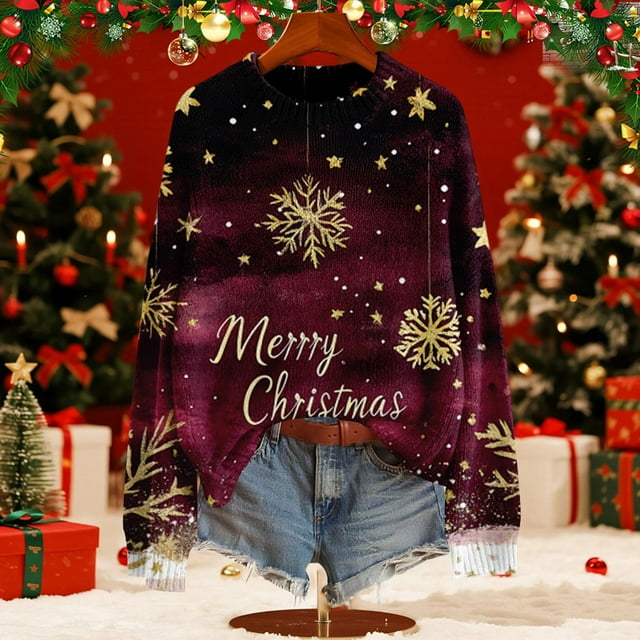 Chandails Grande Taille pour Femmes 2025 Imprimé Graphique Tendance Manches Longues Col Rond Tricot Automne Décontracté Coupe Ample