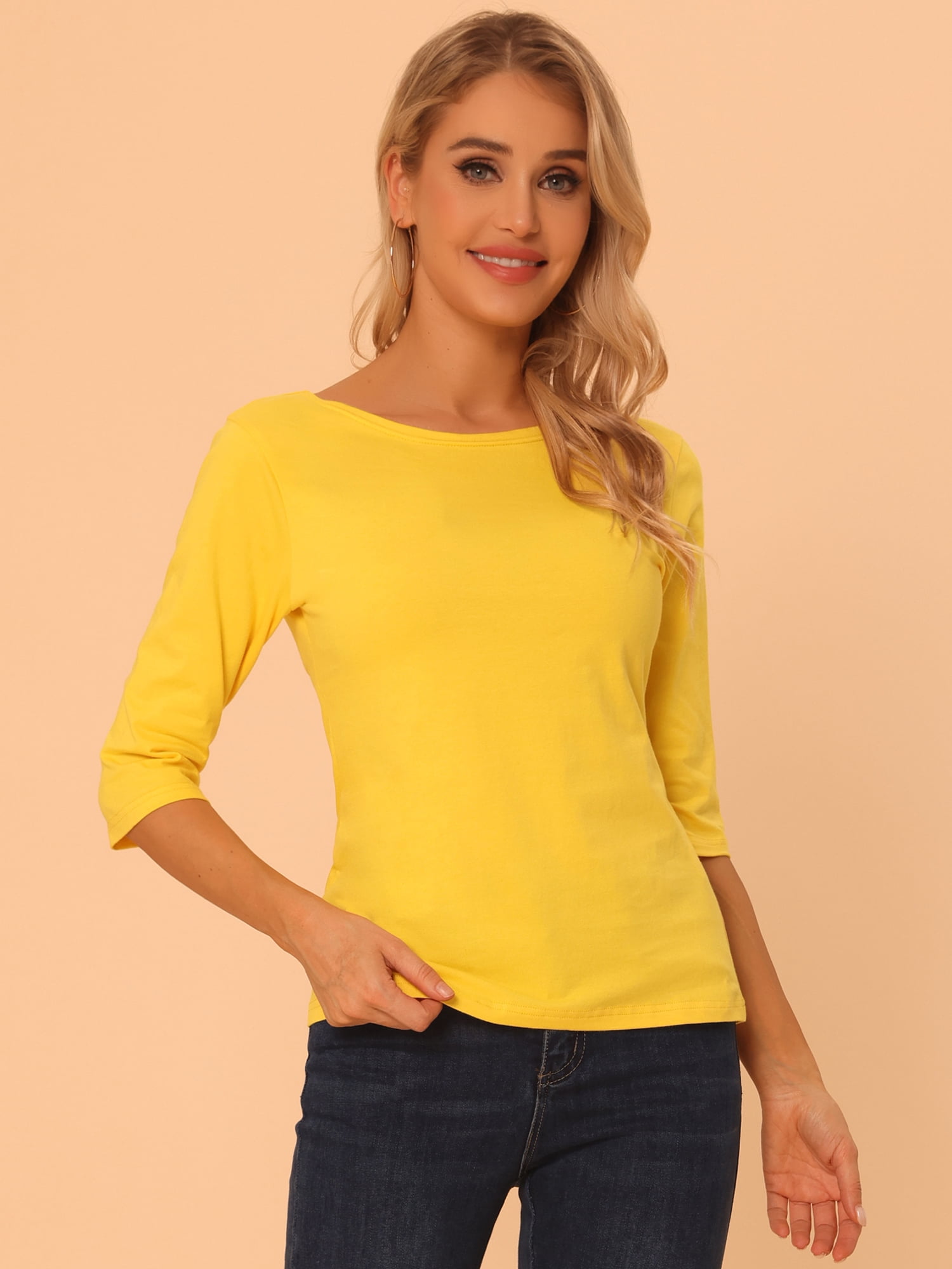 DARING DIVA Women's Elbow Sleeves Boat Neck Slim Fit Classic Tee S Yellow
