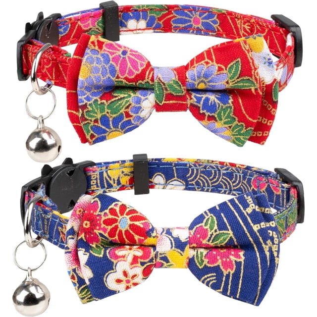 HAHDAXIA Collier Gyapet pour Chats Animaux de Compagnie à Dégagement Rapide avec Clochette Nœud Papillon Floral Nœud Détachable Ajustable Sécurité Chiot 2 Pcs Bleu Marine et Rouge