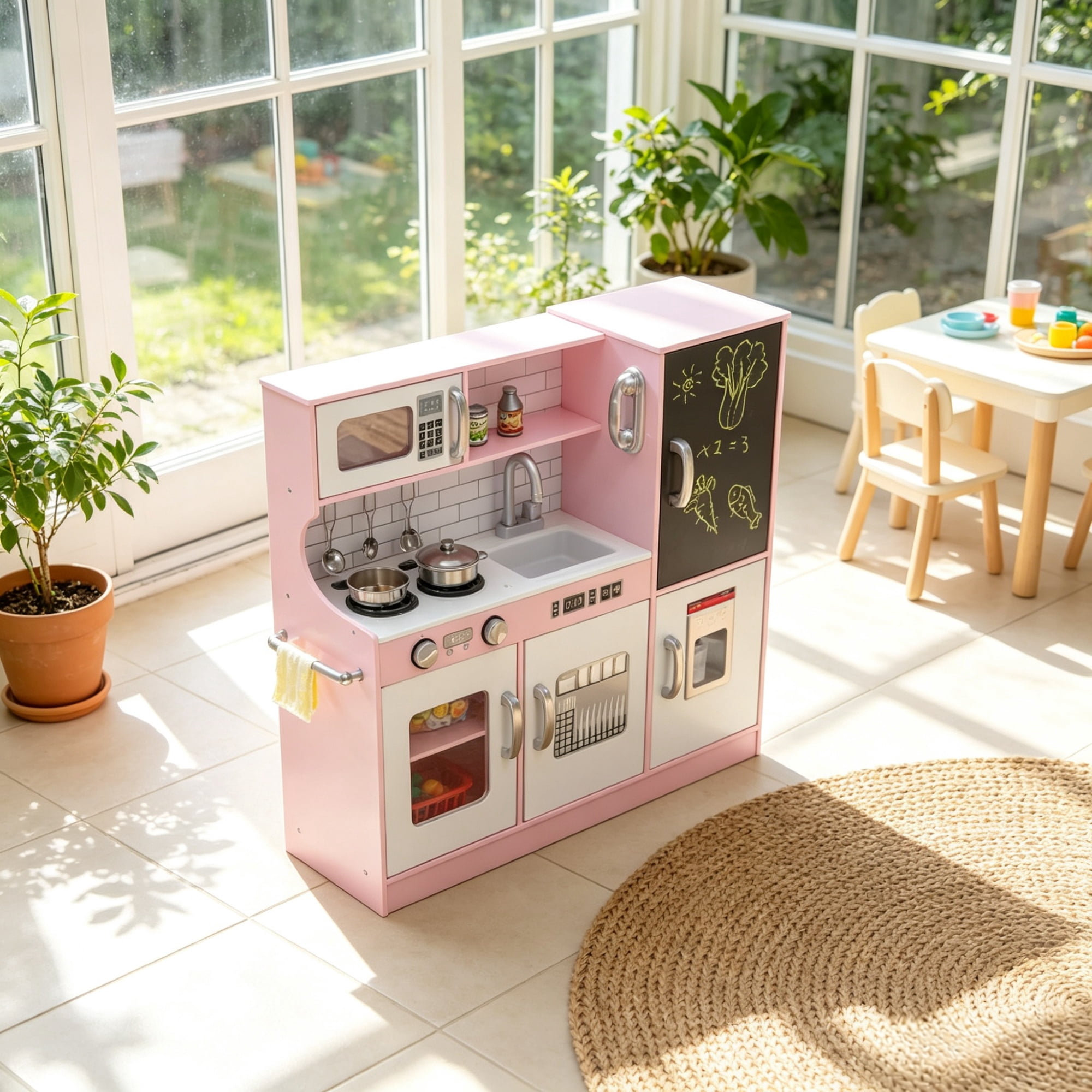 Pretend Play, Kids Kitchen Playset with Play Phone, Chalkboard, Towel Rack & Ice Maker, Pink