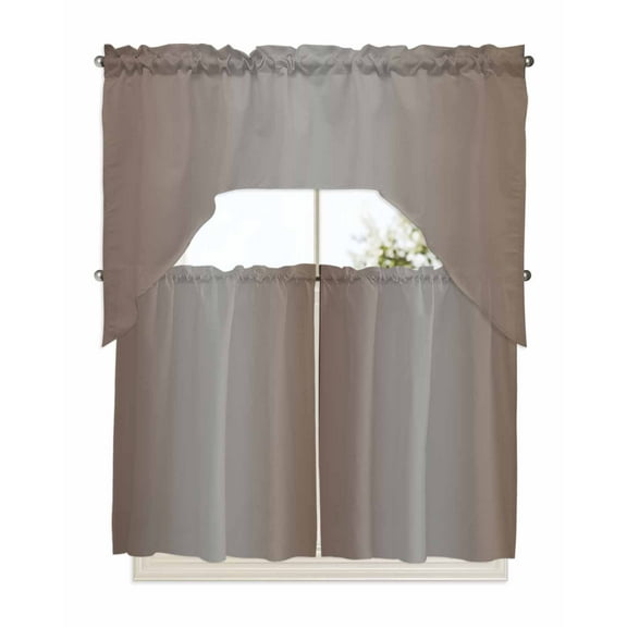 Brown Gray Ombre Kitchen Curtains Swag Valance and Tier Curtains Set 36 Inch Length, Modern Gradient Abstract Art Rod Pocket Drape Panels Pair Swag Curtains for Bathroom/Cafe/Window