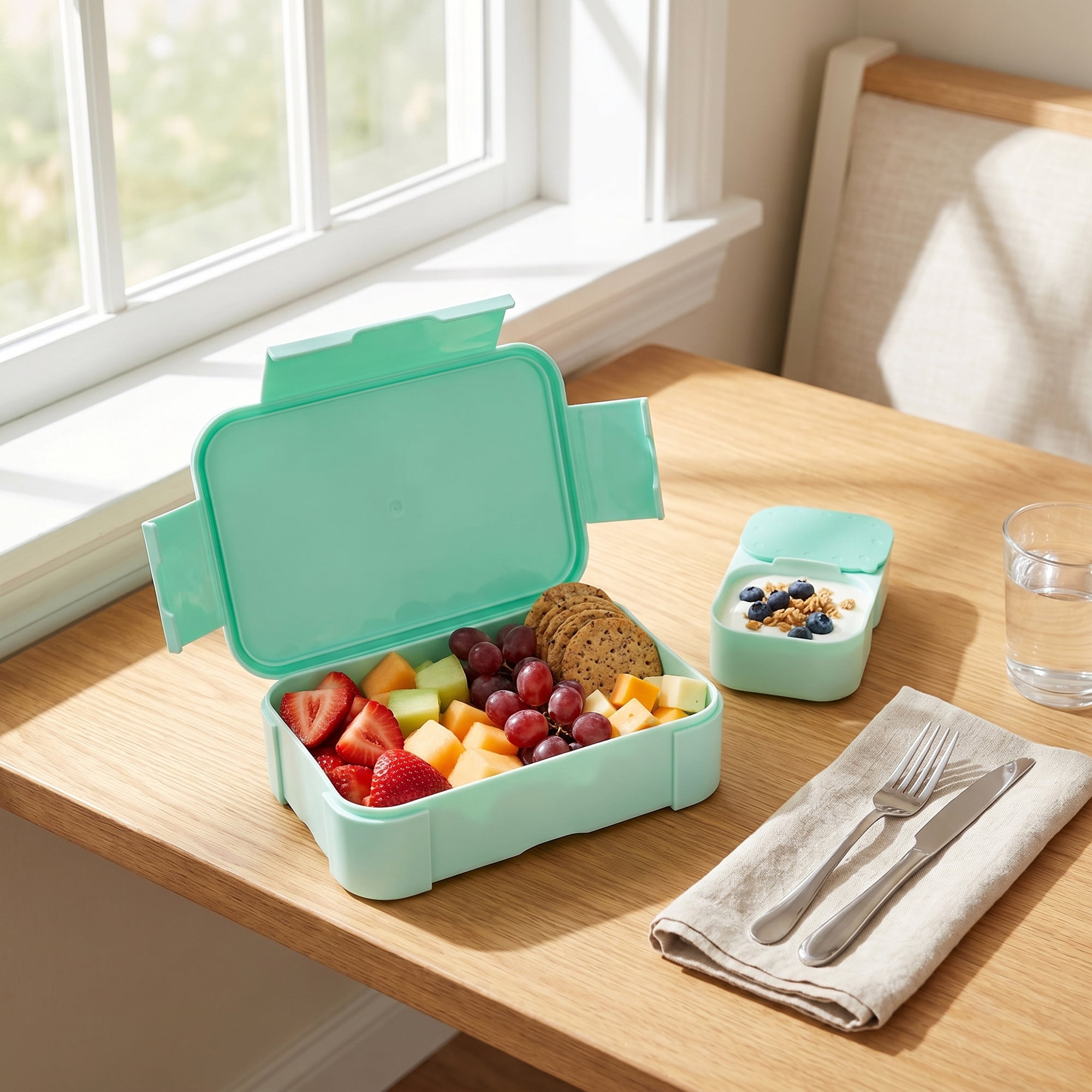 Unique Bargains 2-Compartment Leak-Proof Meal Lunch Bento Box Lake Blue