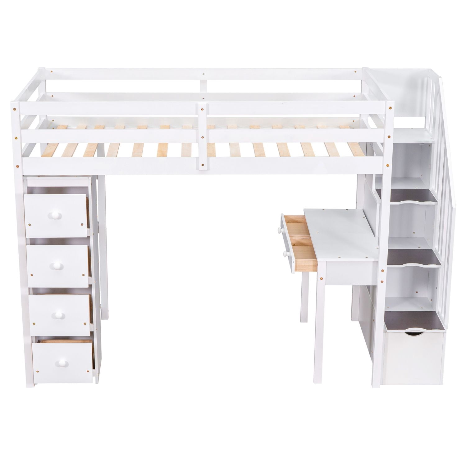 Asteroutdoor Twin Size Loft Bed with Storage Drawers, Desk and Stairs, Wooden Loft Bed with Shelves - White