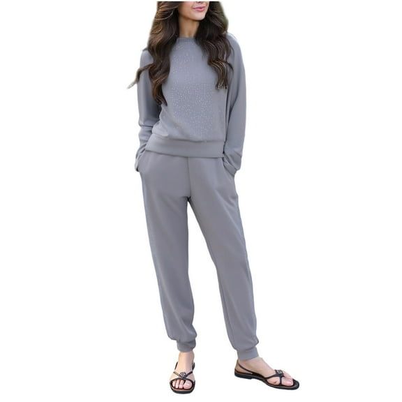 Casual Fall Winter Two Piece Sets for Women 2026 Crew Neck Sweatshirts Loose Wide Leg Pants Tracksuit Knit Fall Outfits (L, Gray)