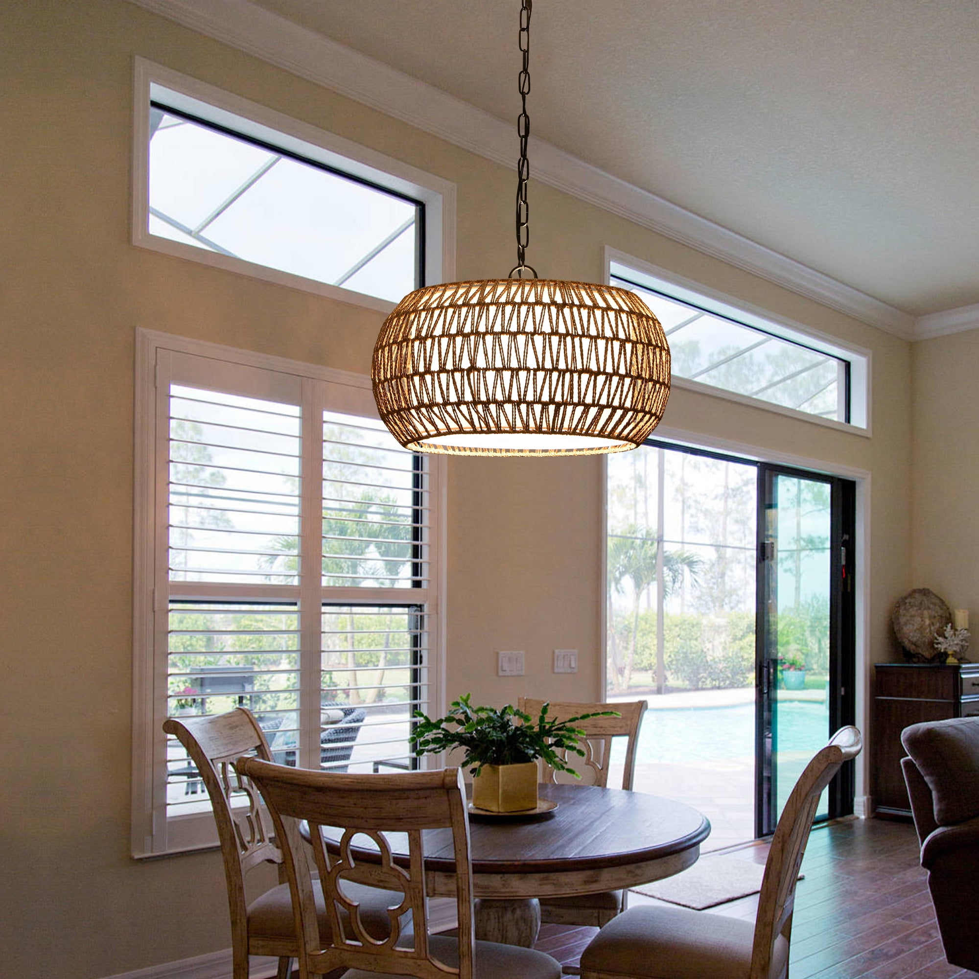 Jopath 18" Farmhouse Pendant Light with Adjustable Height, Boho Woven Jute Rope Hanging Ceiling Light Fixture, for Dining Room, Living Room, or Kitchen Island (Bulb Not Included)