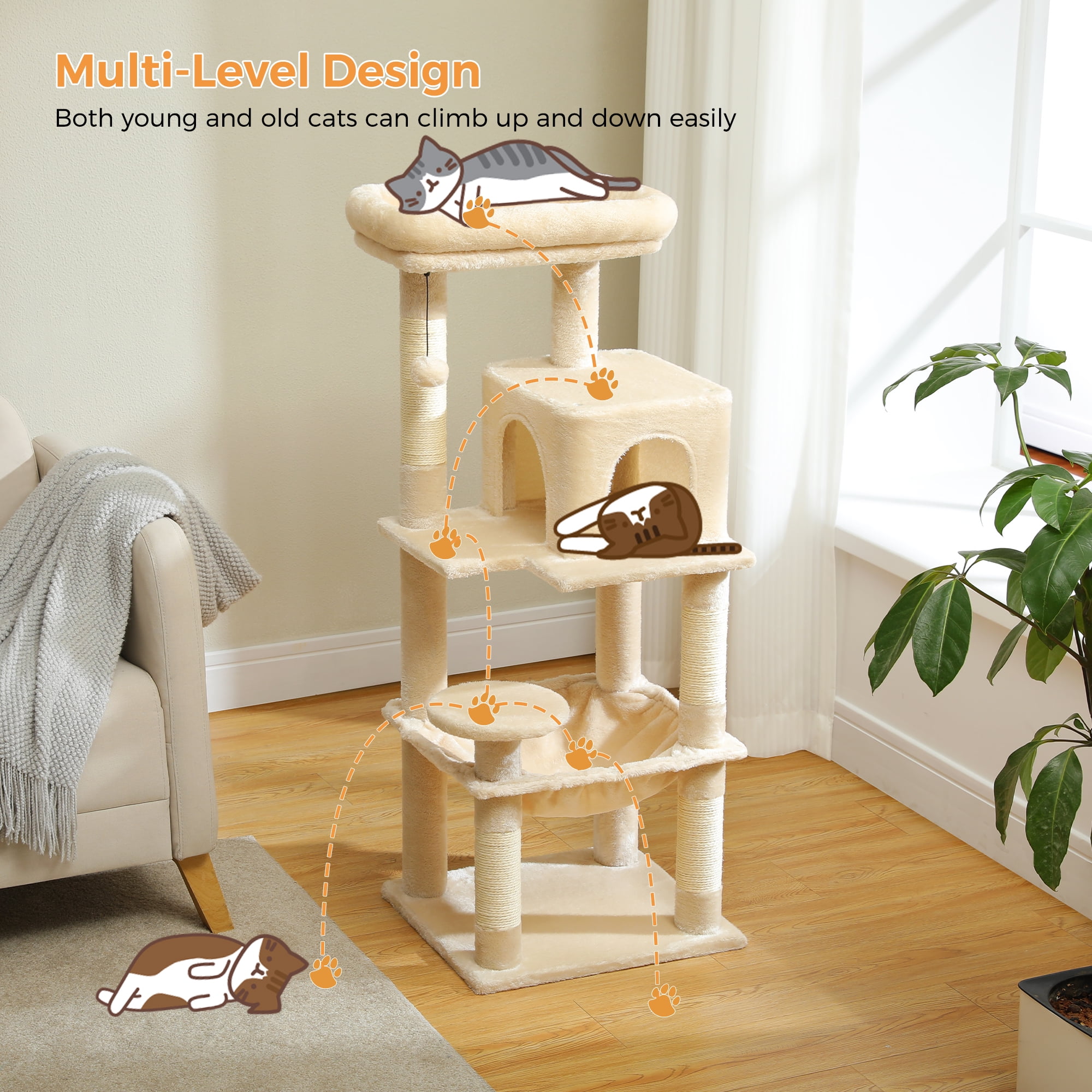 PEQULTI 45.7" Multi-Level Cat Tree Large Cat Tower Indoor with Condo and Hommock Dark Beige