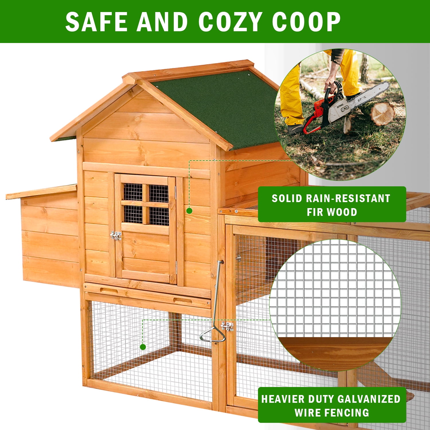 Chicken Coop for 2-4 Chcikens Outdoor Wooden 80'' Rabbit Hutch Poultry House with Chicken Run Cage, Egg Box & Waterproof Roof for Garden Backyard
