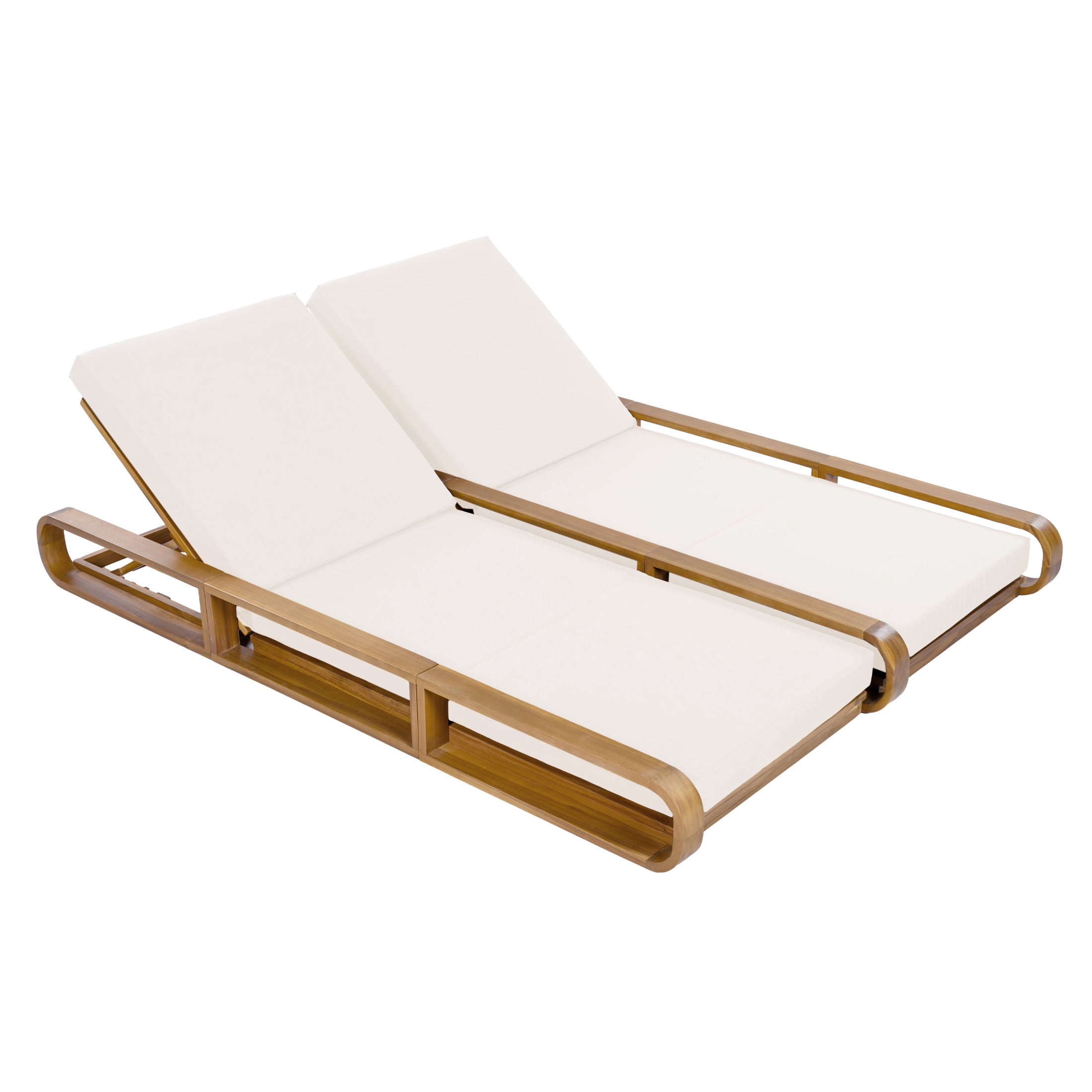 Christopher Knight Home 79" Outdoor Double Chaise Lounge Set with 3-Fold Cream Cushions, Teak