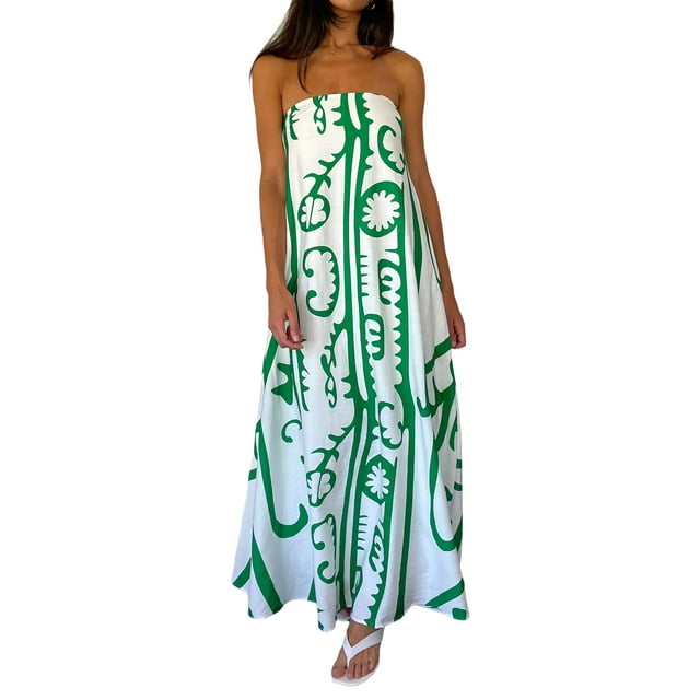 Gupgi Robe Sans Bretelles pour Femmes Boho Fluide Longue Robe Tube Épaules Dénudées Ample Robe de Plage