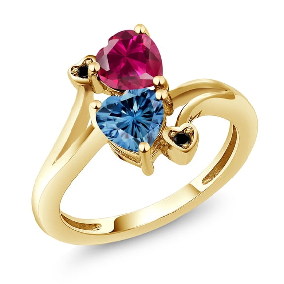 Gem Stone King 18K Yellow Gold Plated Silver Red Created Ruby Persian Blue Moissanite and Black Diamond Ring for Women (1.80 Cttw, Heart Shape 6MM, Gemstone July Birthstone, Size 8)