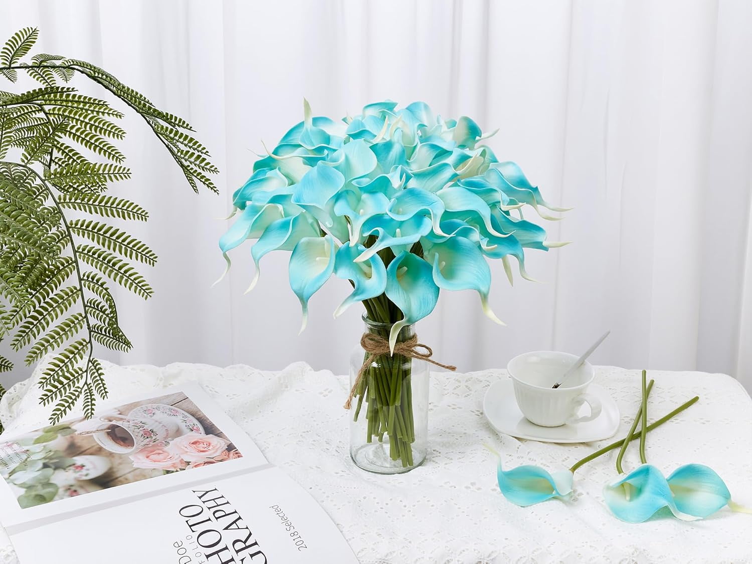 24 Pcs Artificial Calla Lily Flowers Fake Silk Flowers Real Touch for Wedding Bouquet Office Home Kitchen Decor (Peacock Blue)