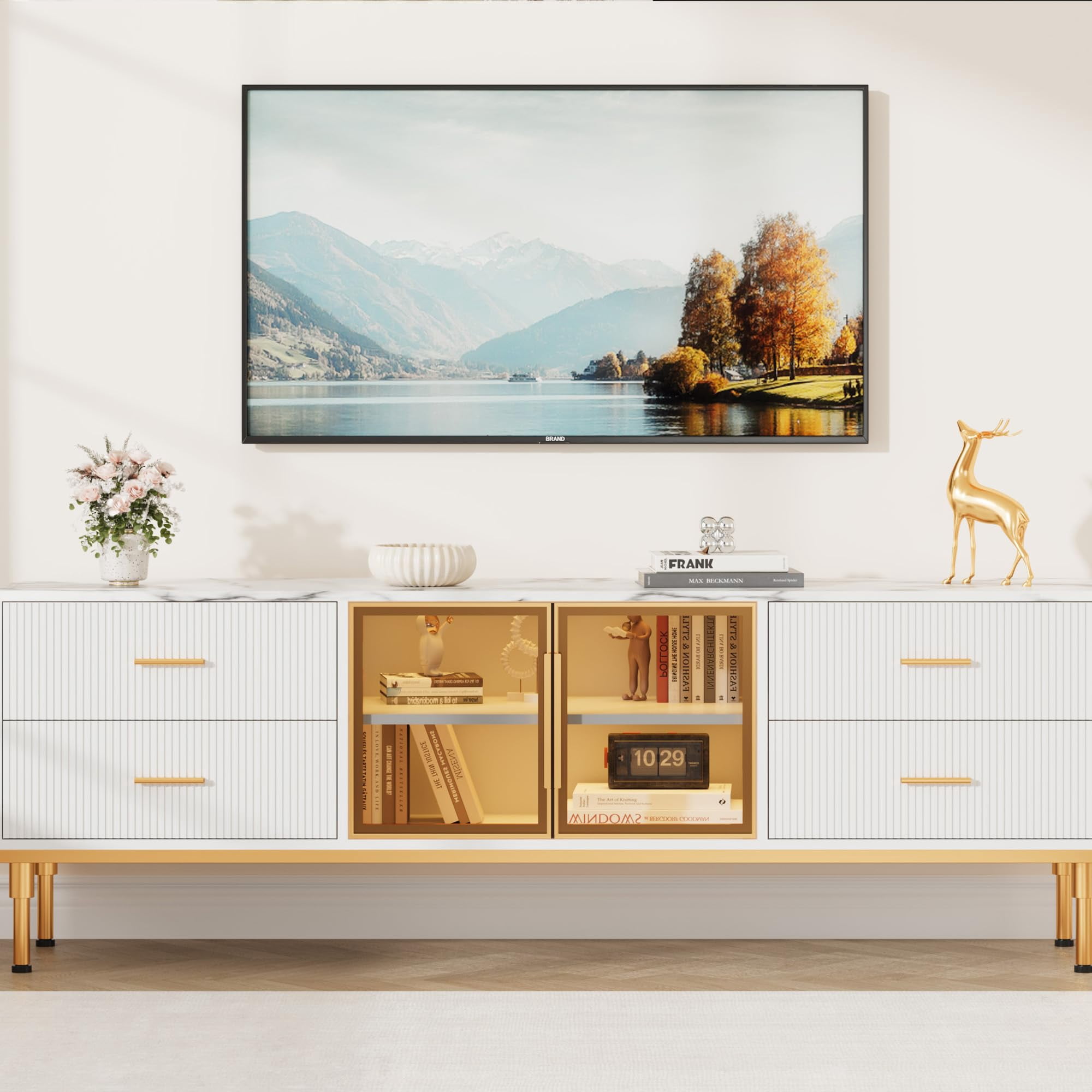 Kojooin Contemporary 65 Inch TV Stand Featuring LED Lights, Spacious Drawers, and Marble-Like Tabletop: Perfect Entertainment Center for Large TVs