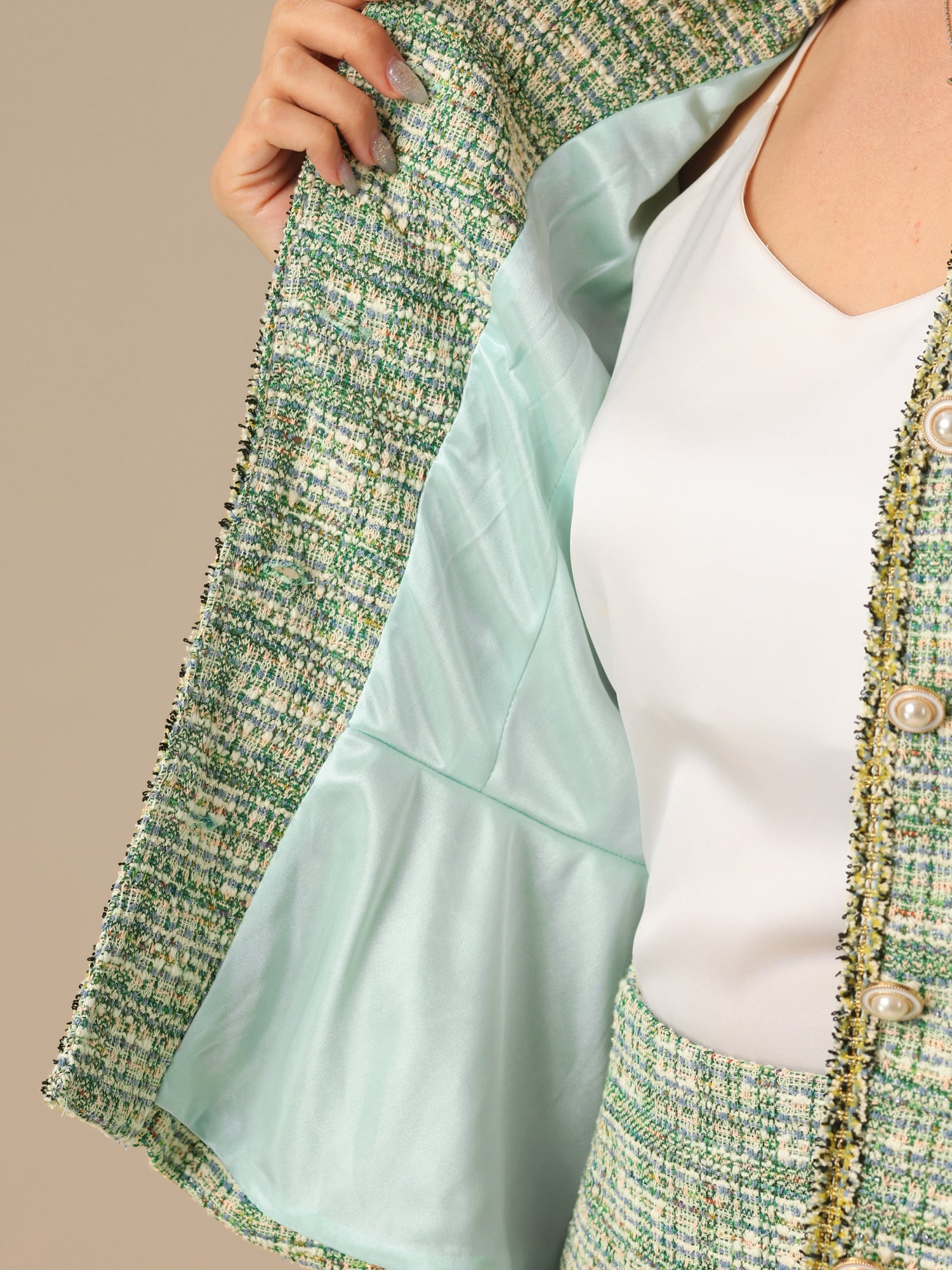 DARING DIVA 2Pcs Women's Suit Jacket Pencil Tweed Skirt Suit Set L Green