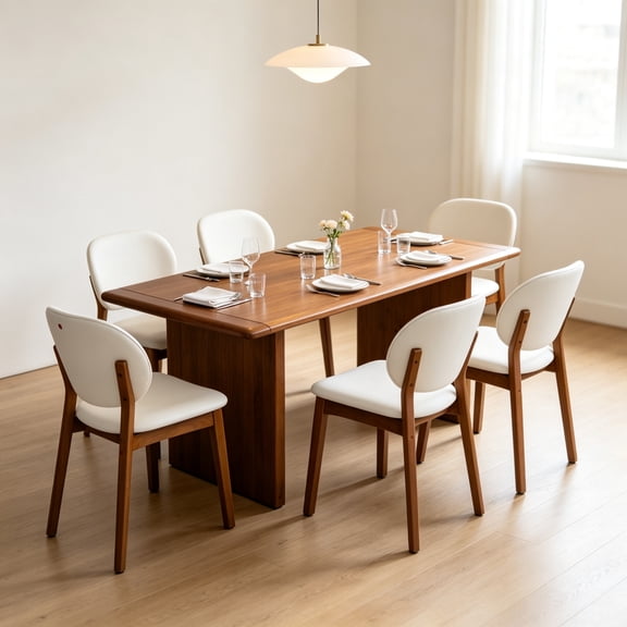 7-Piece Solid Wood Dining Table Set with 6 Upholstered PU Leather Chairs, Walnut Mid-Century Rectangular Kitchen Dining Room Furniture for 6