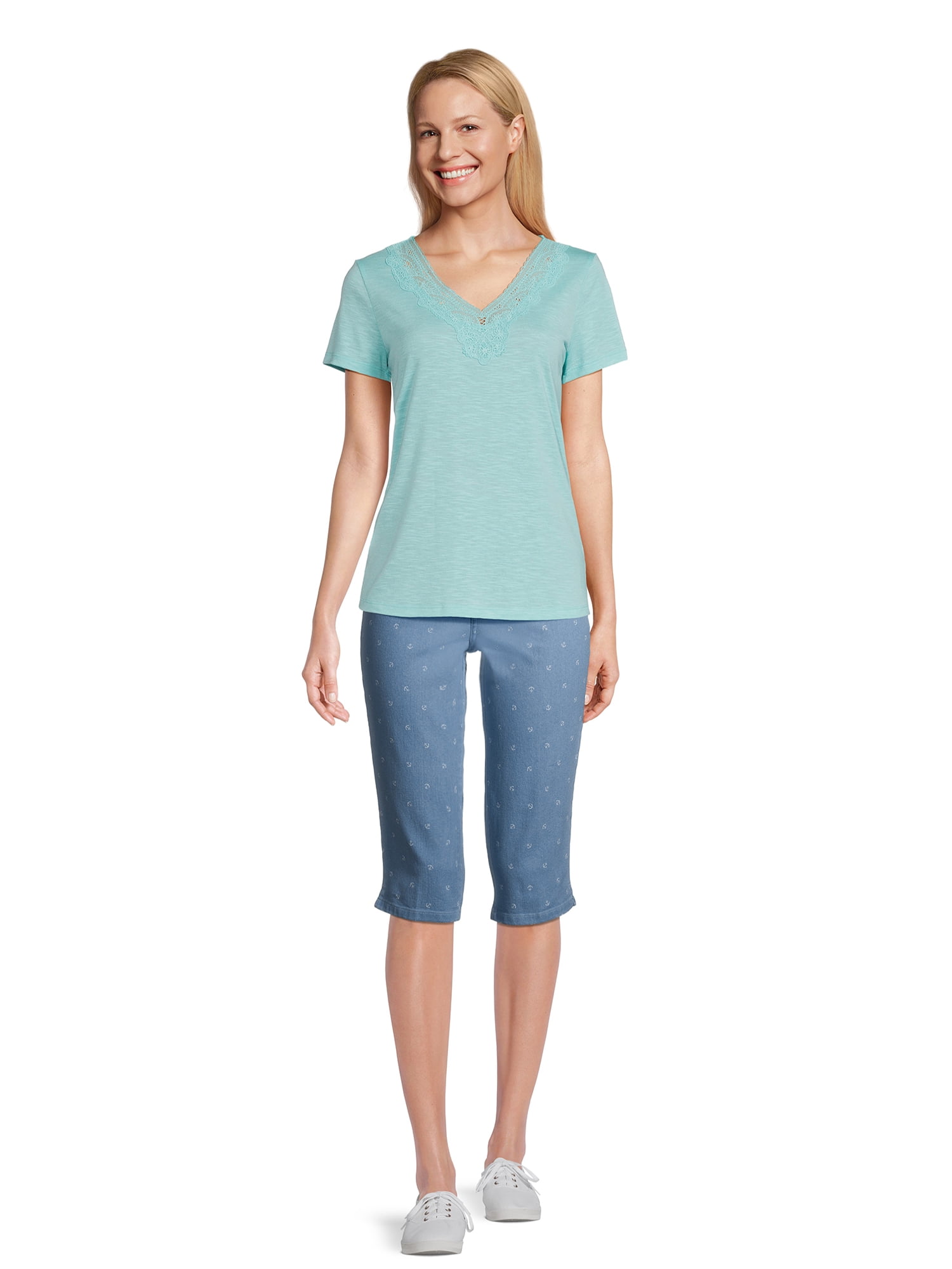 RealSize Women's Lace V-Neck Tee with Short Sleeves, Sizes XS-XXXL