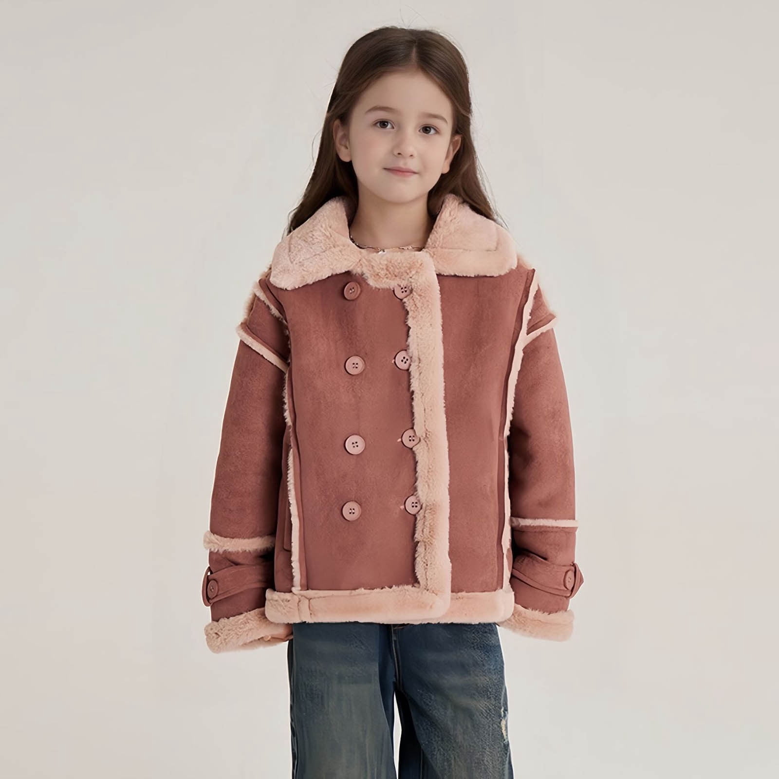Girls Winter Faux Leather Jacket Long Sleeve Zip up Lapel Fleece Lined Thick Warm Coat Fall Trendy Kids Jackets (5 Years, Brown)