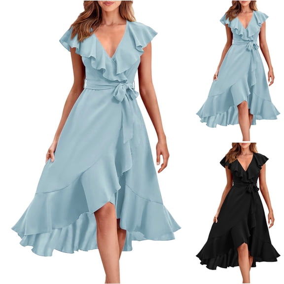 Abtuhar Womens Plus Size Summer Dresses ,Womens Dresses Trendy,Women's Summer Solid Color Short-sleeved V-neck Waistline Hem Dress