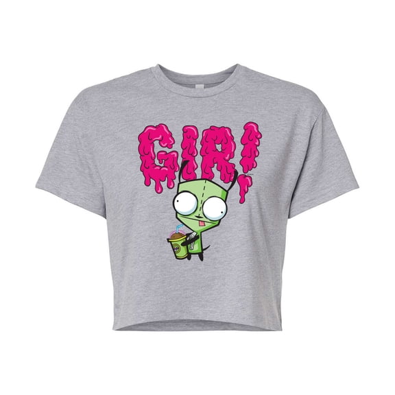 Invader ZIM - GIR Drinking and Sticking Tongue Out - Juniors Cropped Cotton Blend T-Shirt