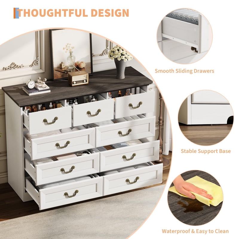 TROPOW Vintage 9 Drawer Dresser for Bedroom, 47" Wide Chest of Drawers with Natural Wood Texture, Wooden Storage Organizer for Closet, Living Room, Hallway,White