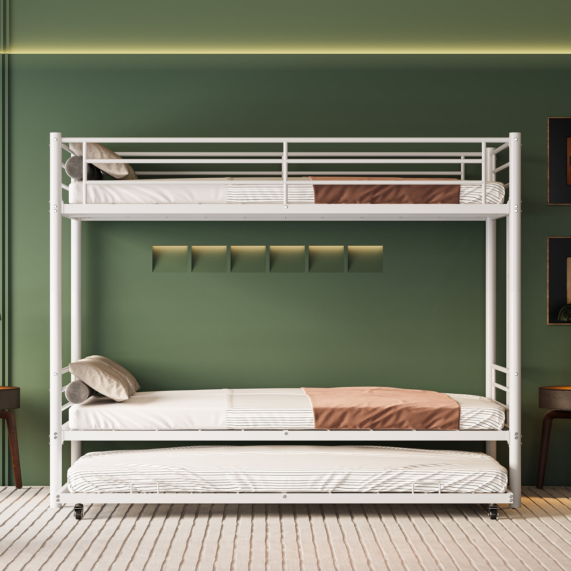 Miniyam Twin Over Twin Metal Bunk Bed with Trundle, Heavy-Duty Steel Frame, Space-Saving Design with Guardrails and Ladder, White