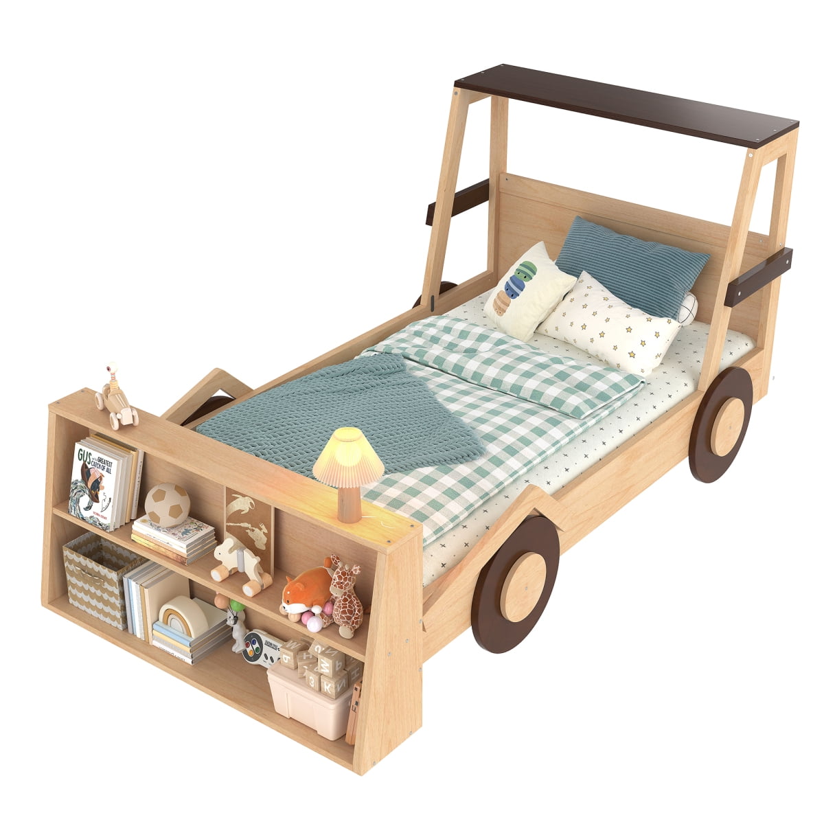 Twin Size Car Bed with Storage Shelves,  Platform Bed with Cute Car-shape, Childlike Design, Natural