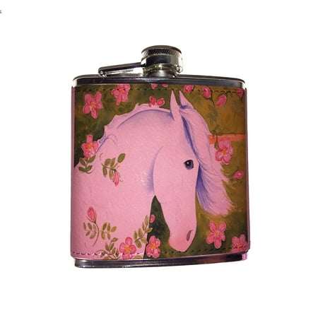 

KuzmarK Pink Leather Flask - Blue Eyed Unicorn with Pink Roses Art by Denise Every