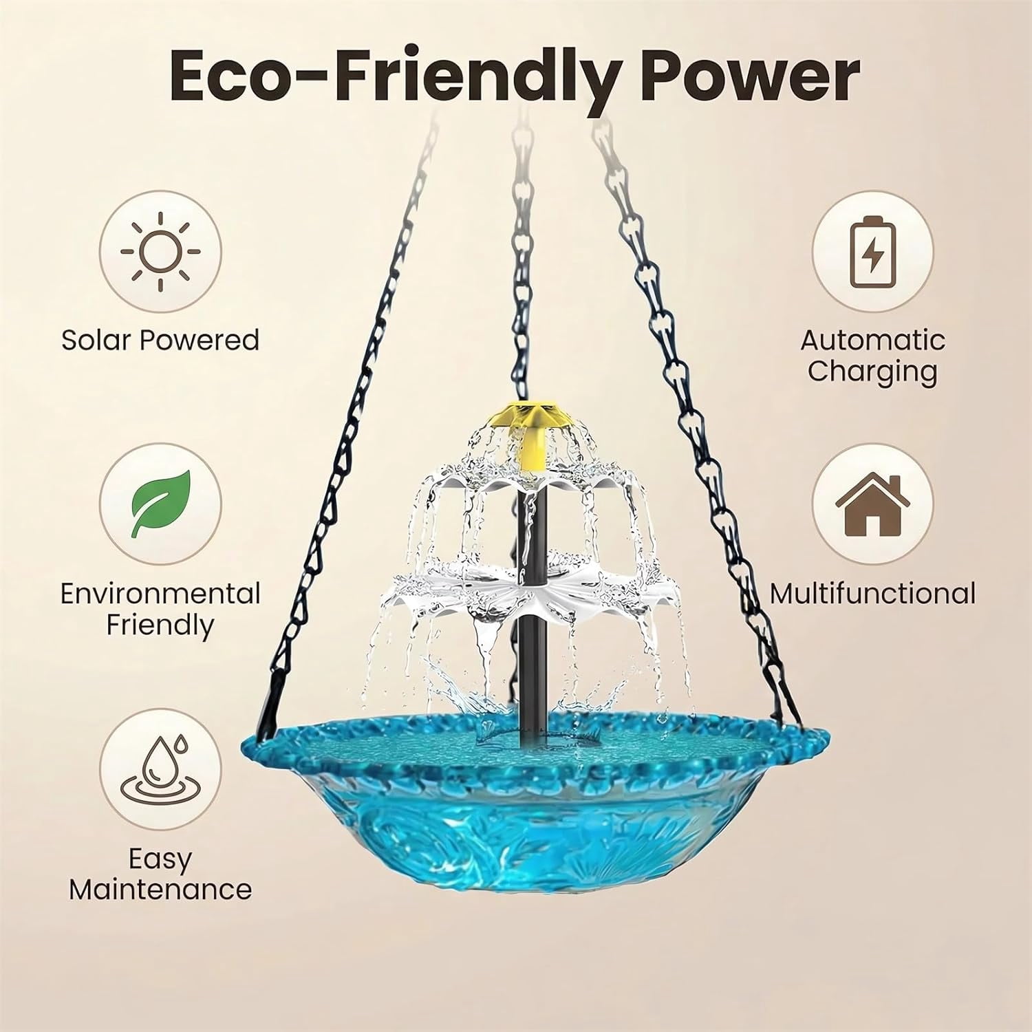 2026 Solar Cascade Hanging Bird Bath Fountain Solar Powered Birdbath Water Fountain Pumps Dispenser Outdoors Decor Hummingbird Bath Shower Bowl Kit Garden Gift Yard Patio Backyard Decoration
