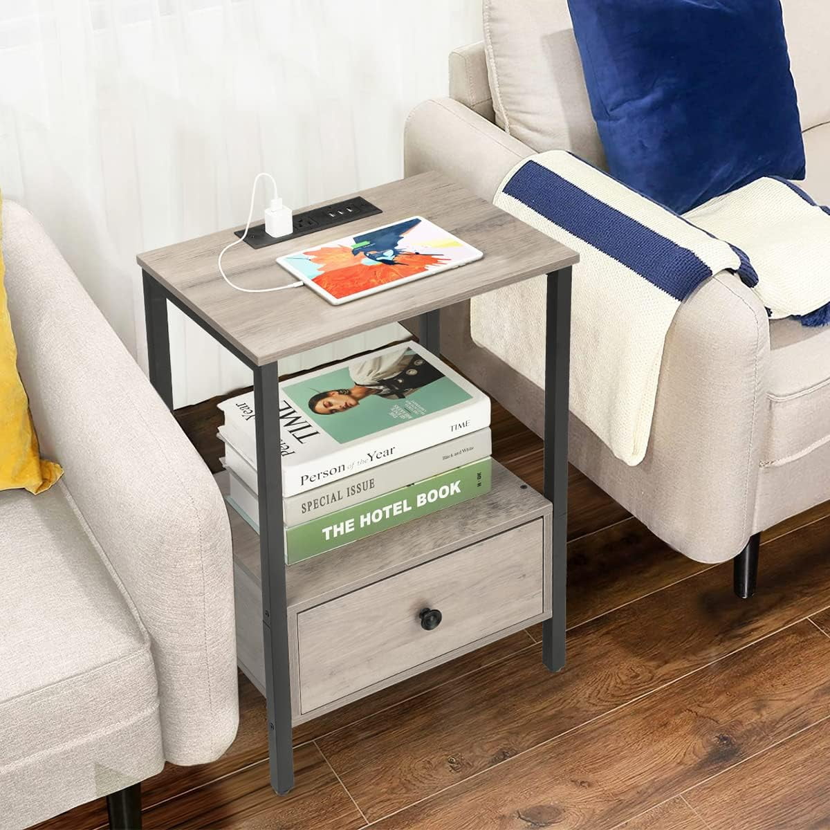 Oumilen Modern Adult Nightstand Bottom Wood Drawer with Chargers Light Oak, Set of 2