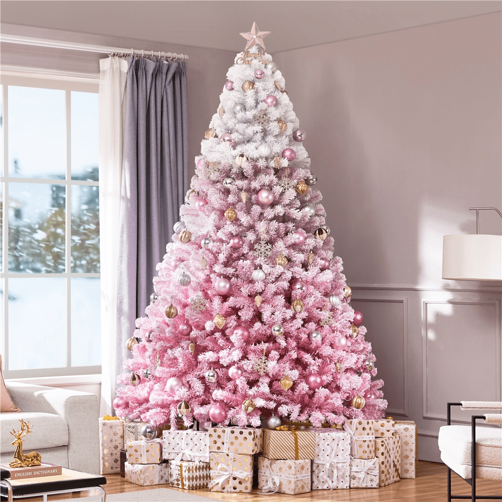 Alden Design 9Ft Pre-lit Flocked Artificial Christmas Tree with Incandescent Warm White Lights, Pink Gradient