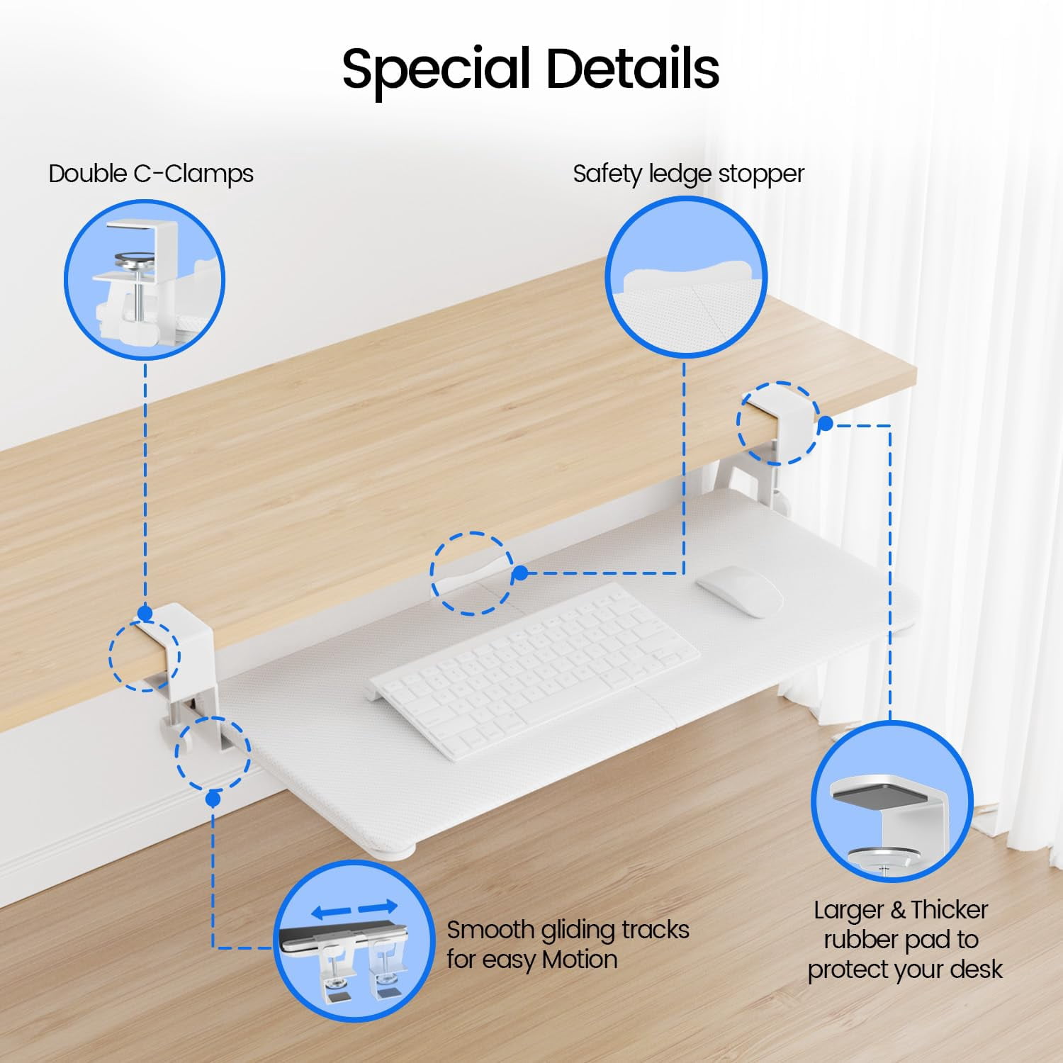 Large Tray Under Desk Slide Out With Extra Sturdy C Clamp Mount System 26'' (30'' Including Clamps) X11 Slide-out Drawer For Typing Mouse White