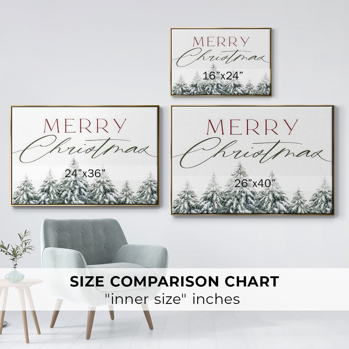Merry Christmas Trees - Framed Gallery Wrapped Holiday Canvas - 27 x 41 - Gold Frame