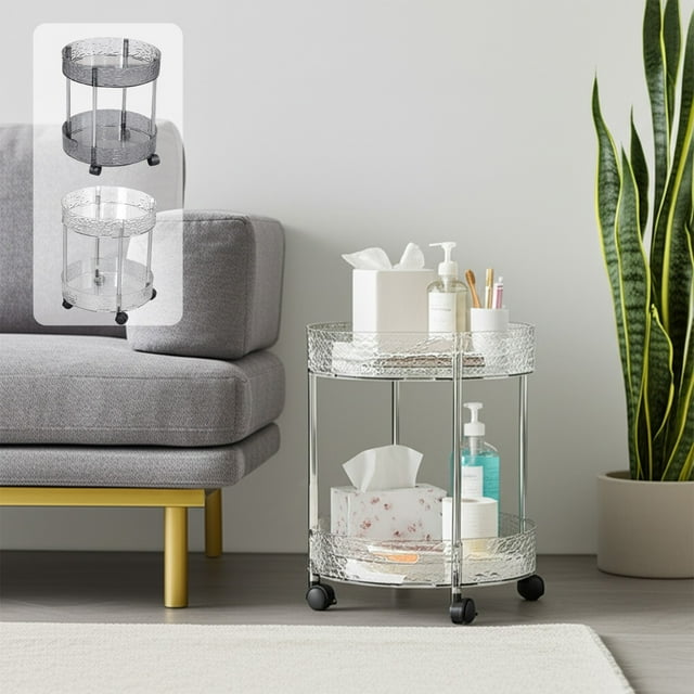 Sentmoon Rolling Storage Cart Two Tier Kitchen Bathroom Living Room Shelf Floor Storage Rack Multi-Layer Transparent Storage Cabinet Movable Trolley for Bathroom and Toiletries
