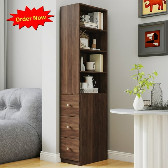 Tcbosik Modern Bookcase with Open Shelves, Narrow Bookshelf with 3 Drawers, 70.8" Storage Cabinet, Display Cabinet for Living Room, Bedroom, Walnut