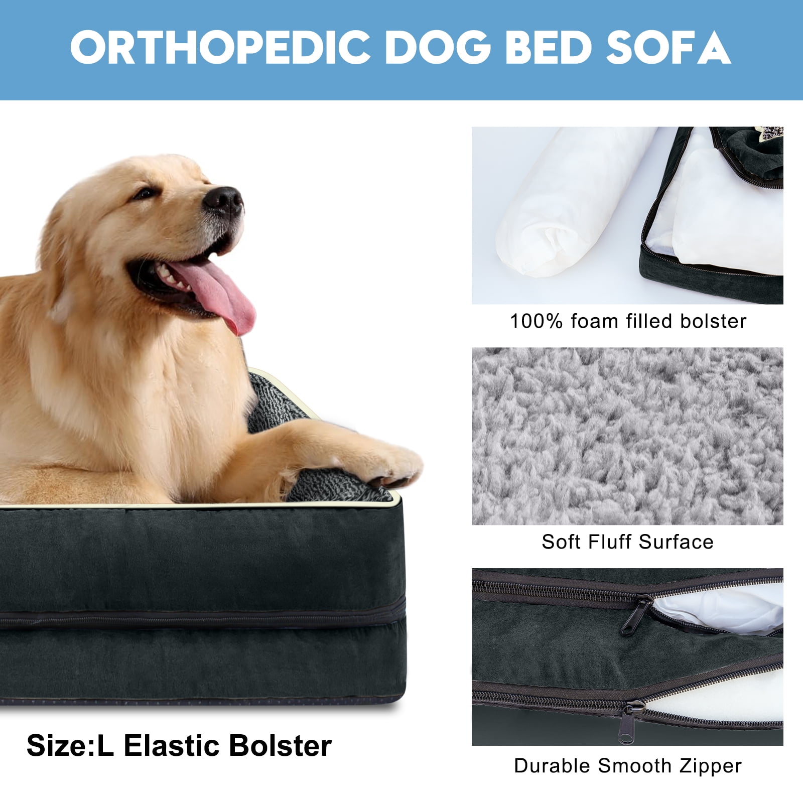 PayUSD Dog Beds for Large Medium Small Dogs Orthopedic Pet Bed Sofa Supportive Egg Crate Foam Animal Couch with Removable Washable Cover Non Skid Bottom S to XL