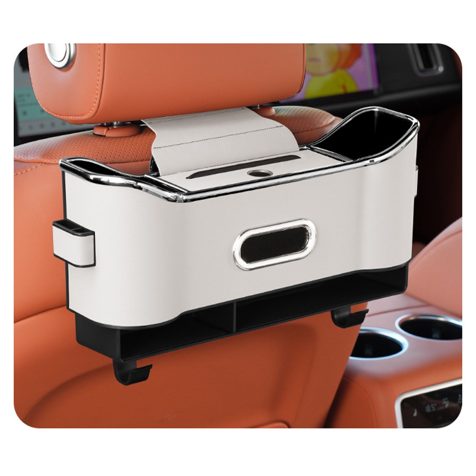Car Back Seat Organizer with 2 Drink Cup Holder - Stylish & Functional Storage for Family Adventures - Cup Holders, Tissue Box & Hooks - Perfect for Kids, Road Trips & Travel