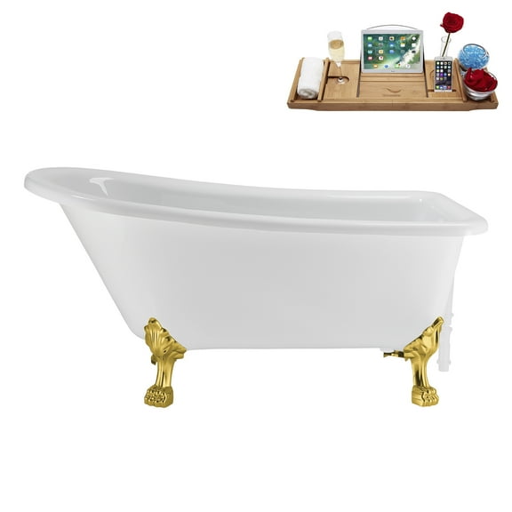 58" Streamline N4860GLD-WH Soaking Clawfoot Tub and Tray With External Drain in Glossy White and Polished Gold Clawfeet