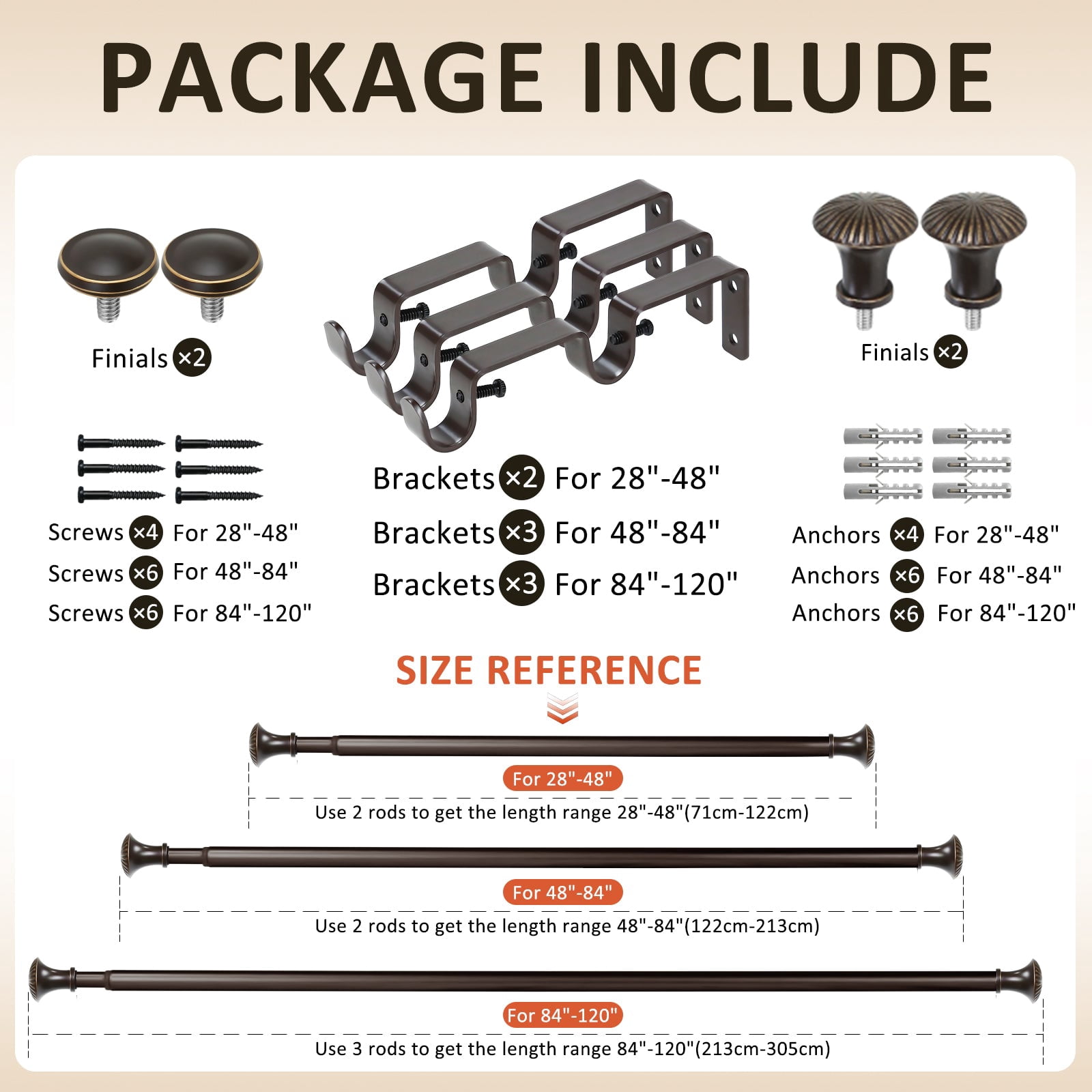 Ridicili 5/8" Telescoping Double Curtain Rods with Trumpet Finials, Bronze Gold, 84"-120", 5/8 Inches Front and 1/2 Inches Back Double Window Drapery Rod