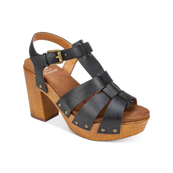 WHITE MOUNTAIN Womens Black Woven 1-1/2" Platform Cushioned T-Strap Buckle Accent Strappy Adjustable Strap Studded Aldridge Round Toe Block Heel Buckle Dress Slingback Sandal 9.5 M