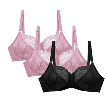 3PC Womens Lace Bras Non Padded Embroidered Underwire Unlined Full Coverage Push Up Plus Size Bralette Bra Hot Pink 42 C