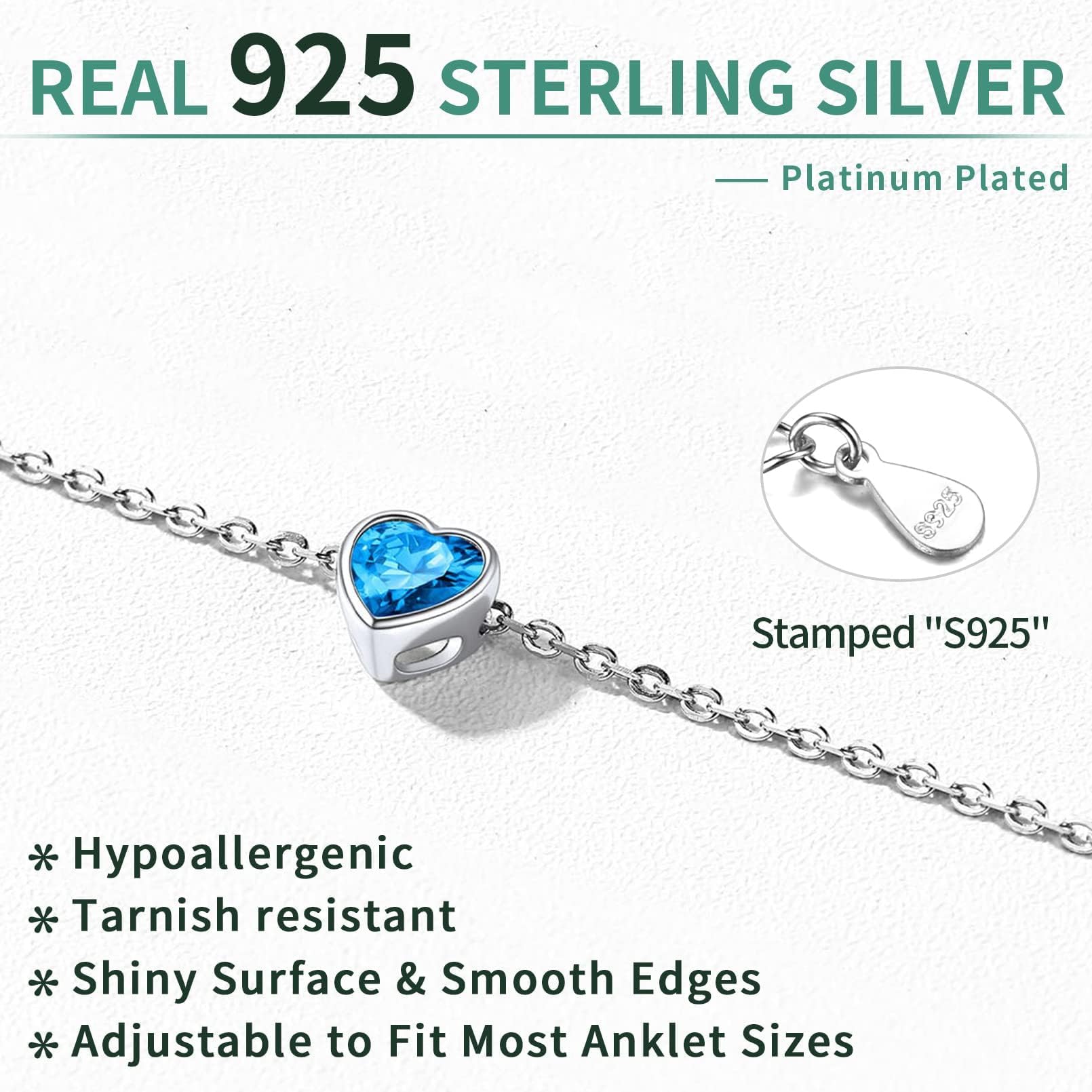 ChicSilver 925 Sterling Silver Ankle Bracelets for Women, Simple Dainty Heart Birthstone Anklets Beach Foot Chain Summer Jewelry Waterproof