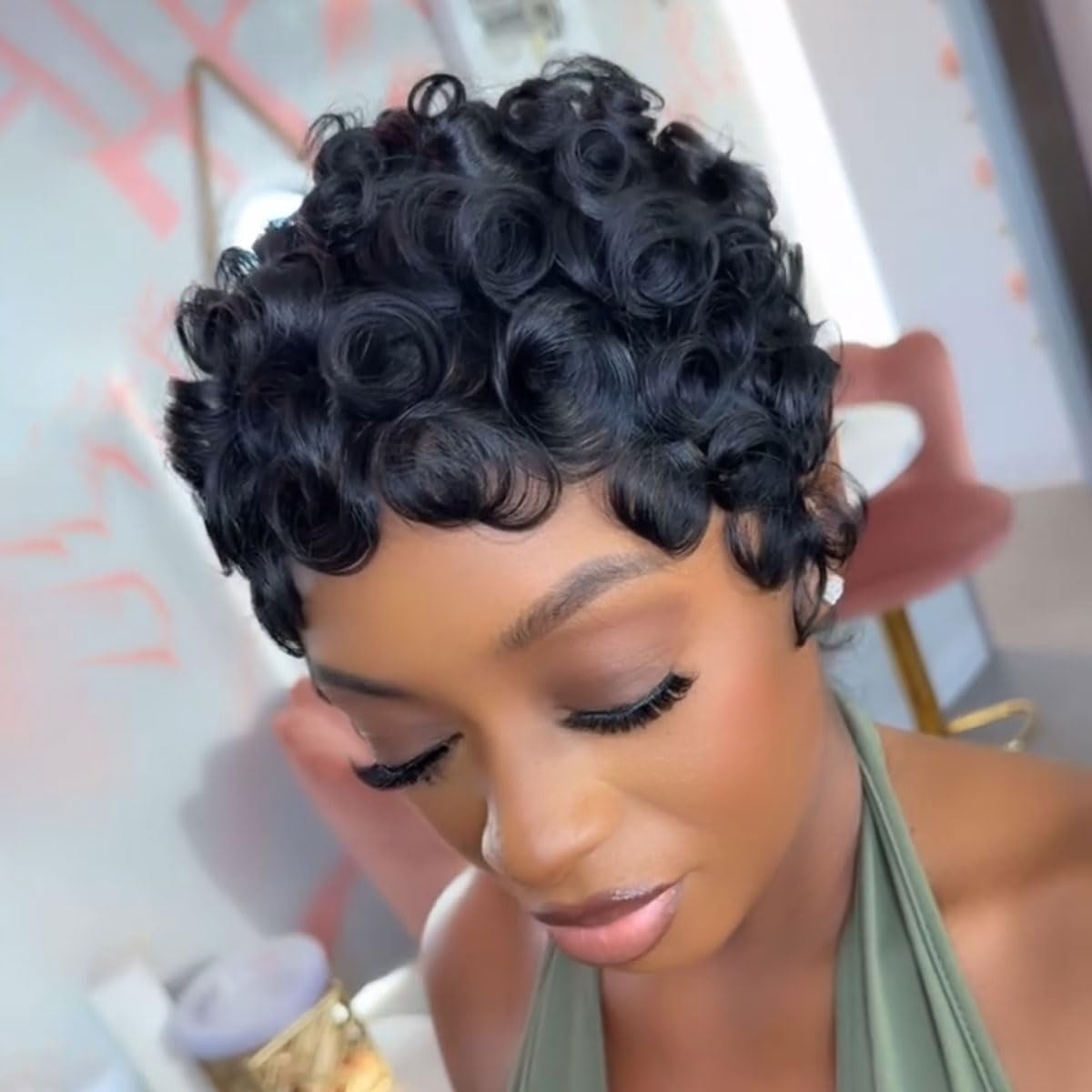 No Glue Pixie Cut Wigs for Black Women Brazilian Curly Human Hair Glueless Short Layered Wigs With Bangs Natural Black Daily Wig