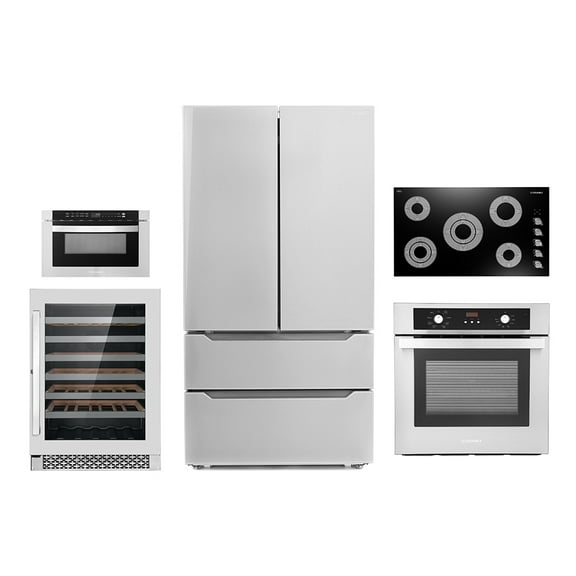 Cosmo 5 Piece Kitchen Appliance Package With 36" Electric Cooktop 24" 48 Bottle Freestanding Wine Refrigerator 24" Single Electric Wall Oven 24" Built-In Microwave Drawer & French Door Refrigerator