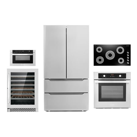 Cosmo 5 Piece Kitchen Appliance Package With 36  Electric Cooktop 24  48 Bottle Freestanding Wine Refrigerator 24  Single Electric Wall Oven 24  Built-In Microwave Drawer &amp; French Door Refrigerator