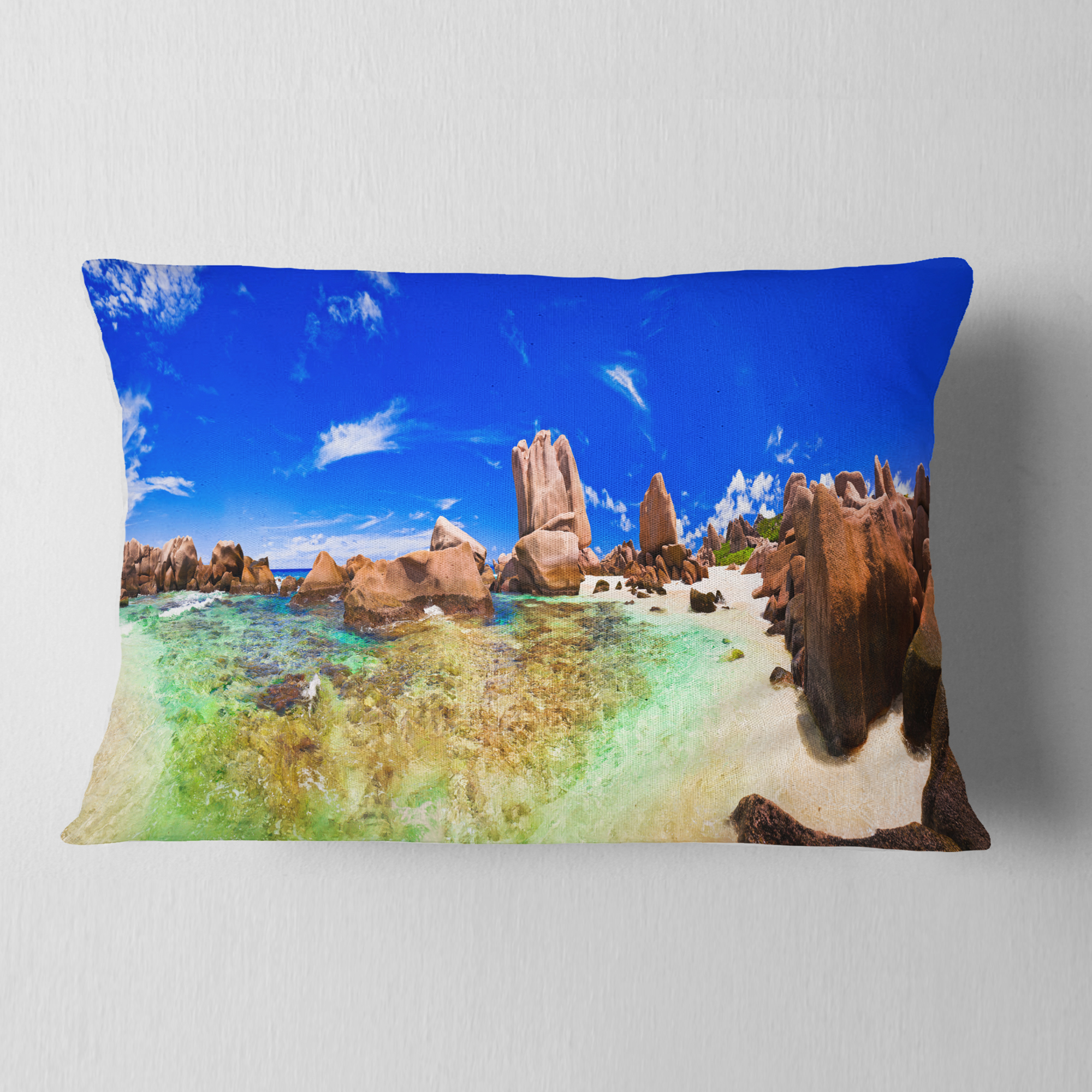 Designart Bright Tropical Beach Panorama - Landscape Photography Throw Pillow - 12x20