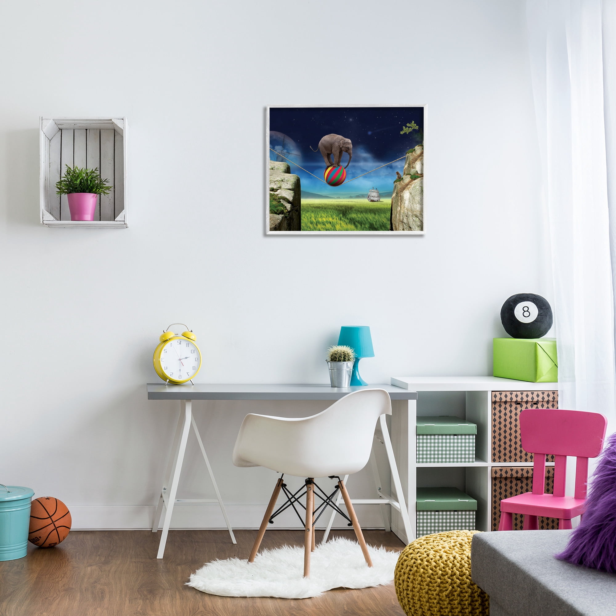 Stupell Industries Elephant Balancing on Ball Animals & Insects Painting White Framed Art Print Wall Art, 30 x 24