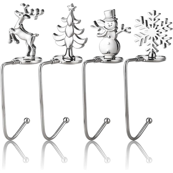Christmas Stocking Holder Hooks for Mantel Set of 4, Snowflake Reindeer Snowman Stocking Holder Hanger Hook for Fireplace Mantel Xmas Decorations Ornaments